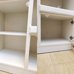 ニトリ  ミランダ2 キッチンボード 幅80cm 2枚ガラス扉 引出し1個 扉2枚 スライドテーブル コンセント3口 ホワイト 食器棚 レンジボード 定価59990円★奥行45㎝ 高さ195㎝★近隣配送無料 買取帝国 朝霞店の画像