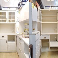 ニトリ  ミランダ2 キッチンボード 幅80cm 2枚ガラス扉 引出し1個 扉2枚 スライドテーブル コンセント3口 ホワイト 食器棚 レンジボード 定価59990円★奥行45㎝ 高さ195㎝★近隣配送無料 買取帝国 朝霞店の画像