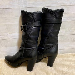 Ingイング 本革 レザー ミドル丈 ブーツ23cm EE 太ヒールファー 黒の画像