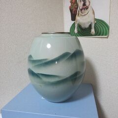 未使用　九谷焼　花瓶　九谷寿峰　貫入　緑釉　青磁山　最大直径22㎝　高さ25㎝の画像