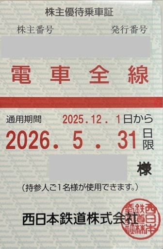 【年内売り切り！】西日本鉄道 電車全線 株主優待乗車証【期限：26年5月末】 西鉄　にしてつ