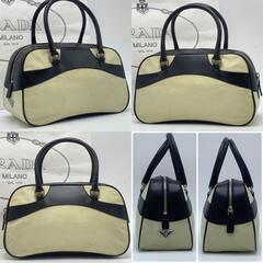 PRADA プラダ トート ハンドバッグ ミニボストン ボーリングバッグ テスートナイロン レザー クリーム アイボリー ブラック 黒 白タグ 三角ロゴプレート トライアングルロゴプレートの画像
