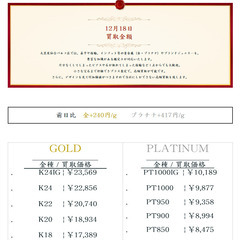 大黒屋仙台パルコ店 12/18　本日の貴金属の買取金額