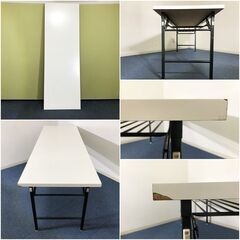 折りたたみテーブル 高脚 ホワイト 長机 W180×D60×H70cm ハイタイプ棚付会議机・ミーティングデスク・イベントテーブル 省スペース収納の画像