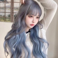 グレー 青 グラデーション ロングウェーブウィッグ 前髪ありの画像