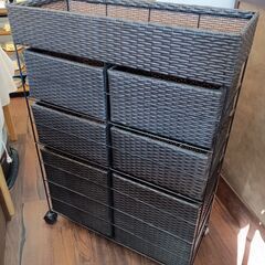 ラタン調　ランドリーチェストワゴン　定価34,900円　キャスター付き　ブラウン　6杯　引き出し　収納　サイズ（約）幅70×奥30×高100　　■近隣配送無料 買取GO‼　栄和店の画像