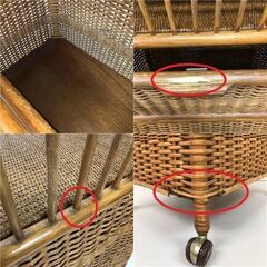 ss8183　ラタン製 ランドリーバスケット キャスター付き 扉付 上籠付 ブラウン 籐製 洗濯物カゴ 洗濯物入れ 洗面 洗濯 レトロ家具 ナチュラル アジアン ランドリーラック 中古の画像
