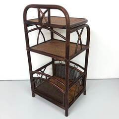 ss8184　ラタン製 電話台 3段 マガジンラック付 こげ茶 レトロ TEL台 花台 鉢台 飾り棚 ラック シェルフ 棚 籐家具 籐製 ナチュラル アジアン 電話台 中古の画像