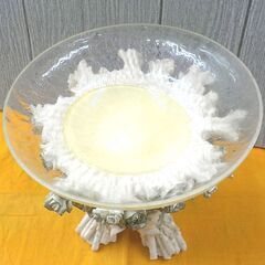 コンポート ローズブーケ ガラス皿 脚付き 陶製フラワー置物 高さ24.5㎝ ホワイト 西岡店の画像