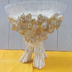 コンポート ローズブーケ ガラス皿 脚付き 陶製フラワー置物 高さ24.5㎝ ホワイト 西岡店の画像