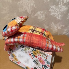 ねこぬいぐるみ オレンジチェック柄 着物作家ハンドメイドの画像