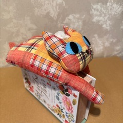 ねこぬいぐるみ オレンジチェック柄 着物作家ハンドメイドの画像