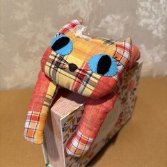ねこぬいぐるみ オレンジチェック柄 着物作家ハンドメイドの画像