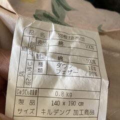 羽毛 掛け布団 ダウン10 フェザー 90 汚れ、記名有り 薄手 夏掛け？の画像