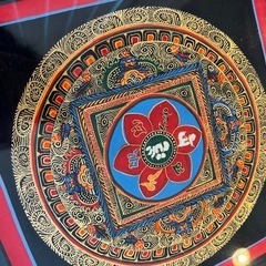 チベット手描き曼荼羅仏画　額装品　赤の画像