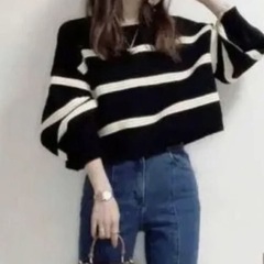 BLUE STRIVE ショート丈　立体ボーダーニットボリューム袖 Mサイズの画像