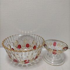 【糸島市内 送料無料】曾我硝子 SOGA GLASS パーティーパンチボール セット カップ付き レードル付き 昭和レトロ レトロポップ 水玉 ドット ガラス食器 ホームパーティ デザートボウル インテリア 251219-7Yの画像