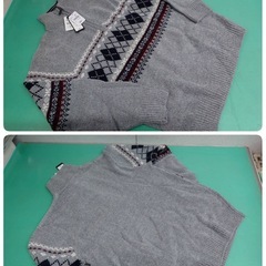 ●4) AOKI JOHNY PULLS ノルディック/アーガイル ひし形 柄 ハイネック モール ニットセーター グレー/レッド タグ付 未使用品 M 3点セット ③の画像