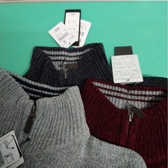 ●4) AOKI JOHNY PULLS ノルディック/アーガイル ひし形 柄 ハイネック モール ニットセーター グレー/レッド タグ付 未使用品 M 3点セット ③の画像