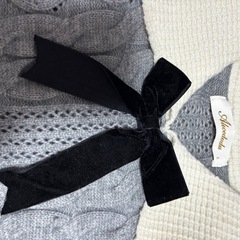 ニットワンピース 襟付き リボン グレー 長袖 ミニ丈の画像