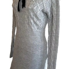 ニットワンピース 襟付き リボン グレー 長袖 ミニ丈の画像