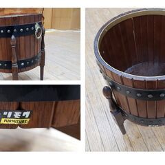 L21　オールドカリモク　木製　樽型　フラワーポッドの画像