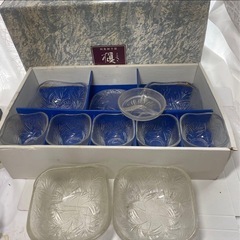 葉模様のガラス食器セット そうめんセット　皿　槇　佐々木ガラス　昭和レトロの画像