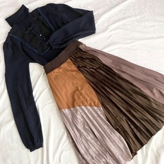 ゴムウエスト　パッチワーク風プリーツ 秋スカートの画像