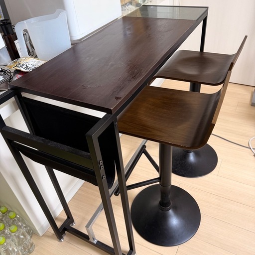 カウンターテーブルセット イス×2 ブラウン カウンターテーブル 3点セット ハイテーブル 2人掛け スツール 木製