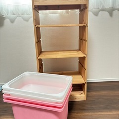 IKEA トロファスト 木製フレーム＋棚板3枚＋ボックス4点付き(中古美品)の画像