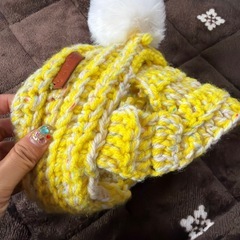 犬用ポンポン付きニット帽 黄色の画像