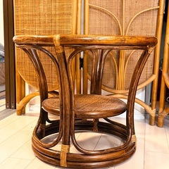 籐家具 パーテション ラタン 衝立 レトロ　アンティーク 4連 間仕切り　丸テーブルの画像