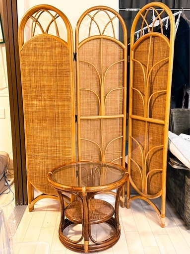 籐家具 パーテション ラタン 衝立 レトロアンティーク 4連 間仕切り丸