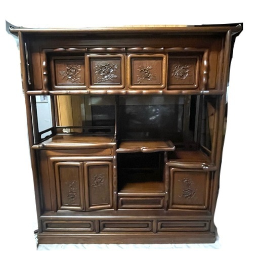 唐木】飾り棚 花梨 7枚戸4尺棚 山水彫り 漆仕上げ 茶棚 唐木家具 和