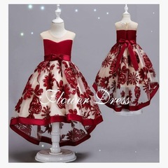 子どもドレス 花柄 ロング リボン フォーマル 発表会 結婚式 子供服110 cmプリンセスドレスフラワーの画像