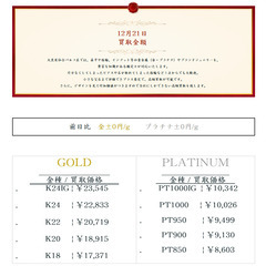 大黒屋仙台パルコ店 12/21 本日の貴金属の買取金額