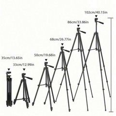 ポータブルカメラ/スマホ三脚スタンド、アルミ製伸縮式、ユニバーサルスマホホルダー付き、パン&チルト対応、Canon、Nikonなどに対応、写真撮影、スマホカメラ、一眼レフカメラ、セルフィー、ライブ配信、ビデオ撮影に使用可能の画像