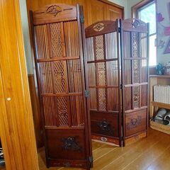 アンティーク　衝立　４つ折り　透かし　彫刻　日本家具　の画像