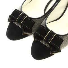 【美品】ランバン コレクション パンプス アーモンドトゥ リボン チャンキーヒール 23.5cm グレー 黒の画像