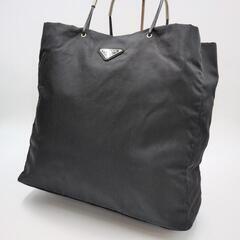 極美品 PRADA プラダ メタルハンドル テスートナイロン トートバッグ ハンドバッグ 腕掛け レザー 本革 ブラック 黒 A4収納可能 大容量 トライアングル 三角ロゴプレート 白タグの画像