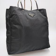 極美品 PRADA プラダ メタルハンドル テスートナイロン トートバッグ ハンドバッグ 腕掛け レザー 本革 ブラック 黒 A4収納可能 大容量 トライアングル 三角ロゴプレート 白タグの画像
