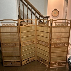 衝立 和風 パーテーション 間仕切り おしゃれ パーティション 折りたたみ 4連 屏風 和モダン 簾屏風 木製 天然木 夏屏風 高級 国産 日本製 古民家家具 旅館 ホテル 飲食店の画像