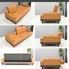 レザーファブリック張りリクライニング３Pソファーベッド スツール付き3人用カウチソファ おしゃれ:ST32-6E74の画像