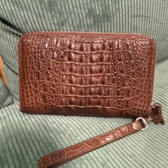 クロコダイル ダブルファスナー クラッチバッグ(Brown)の画像