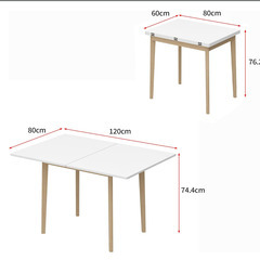 折りたたみダイニングテーブル 無垢材 伸長式 幅60~120cm×奥行80cm 木製 使用1/2/4/6人 食卓テーブル 北欧 コンパクト ホワイト＆ナチュラルの画像