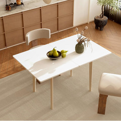 折りたたみダイニングテーブル 無垢材 伸長式 幅60~120cm×奥行80cm 木製 使用1/2/4/6人 食卓テーブル 北欧 コンパクト ホワイト＆ナチュラルの画像
