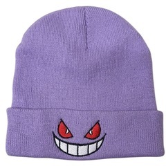 ポケモン ゲンガー ニット帽 ビーニー パープル フェイス刺繍 淡紫の画像