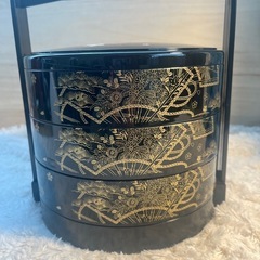 丸型3段 重箱　扇面 桜 紅葉　和柄 おせち料理 お弁当箱　持ち手付　未使用品の画像
