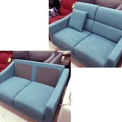 2人掛けソファ ファブリック 幅128cm クッション1個付き 布 ブルーorグリーン系 2Pソファ☆ 札幌市 北区 屯田 の画像