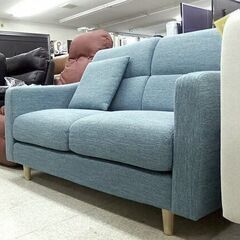 2人掛けソファ ファブリック 幅128cm クッション1個付き 布 ブルーorグリーン系 2Pソファ☆ 札幌市 北区 屯田 の画像